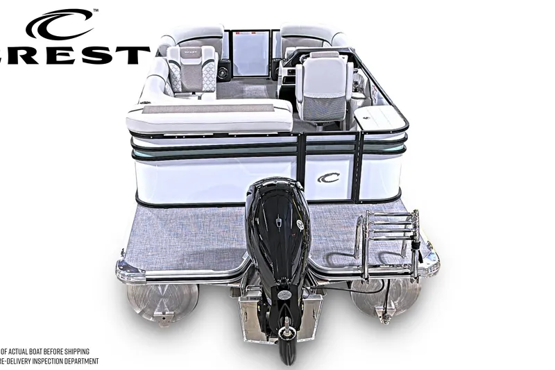 Slide: The Image of 2026 Crest Conquest 210 L pontoon boat, rear view with motor and seating. - 3