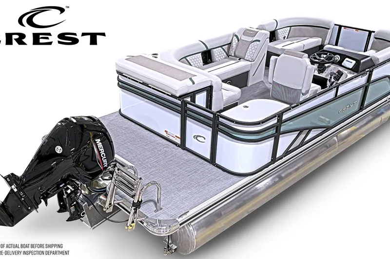 Slide: The Image of 2026 Crest Conquest 210 L pontoon boat with Mercury engine, spacious seating, and modern design. - 4