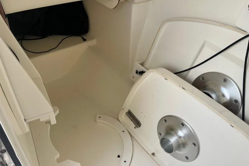 Slide: The Image of Boston Whaler 240 Vantage 2021 boat deck with chrome hardware detail. - 30