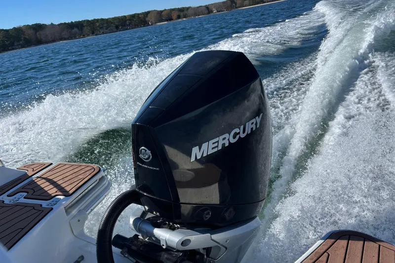 Slide: The Image of Boston Whaler 240 Vantage 2021 with Mercury engine cruising on a lake. - 47