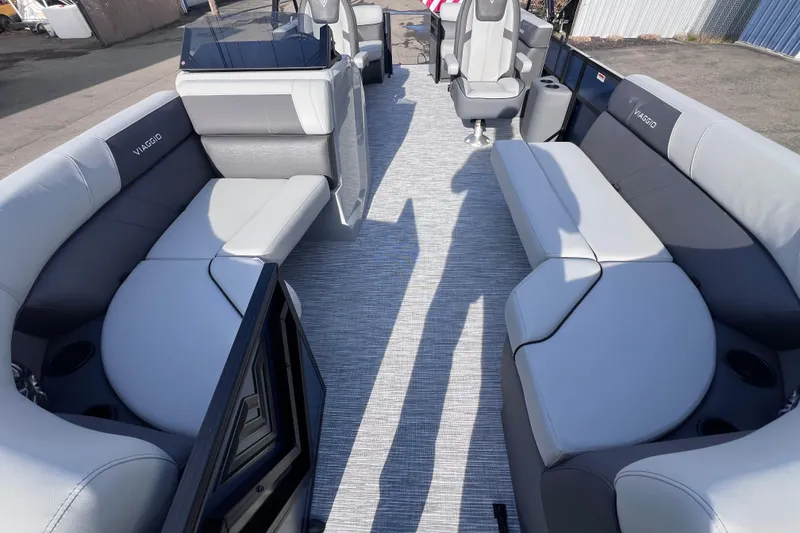 Slide: The Image of 2026 Viaggio V 20U boat interior with gray seating and modern design. - 18