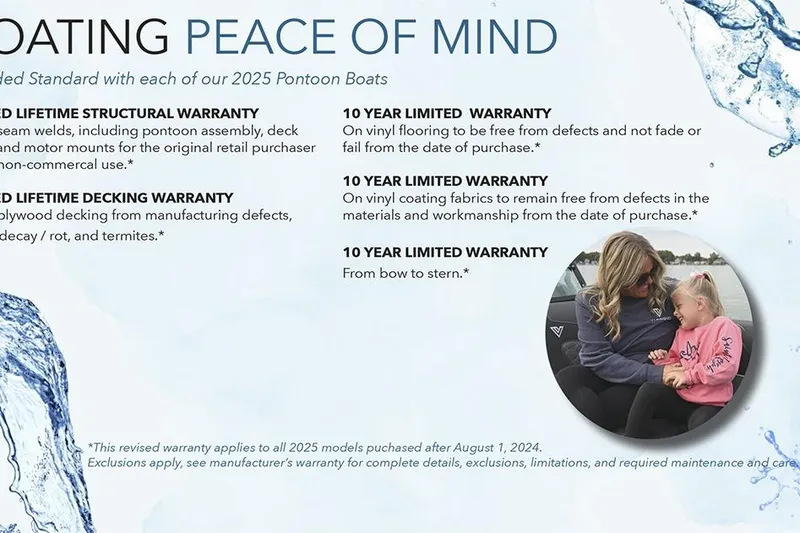Slide: The Image of Viaggio V 20U 2026 pontoon boat warranty details with family image, emphasizing peace of mind. - 22