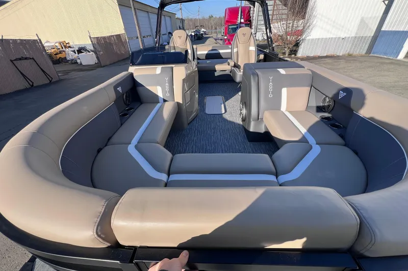 Slide: The Image of 2026 Viaggio X 22S Tritoon boat interior with luxurious seating and modern design. - 41