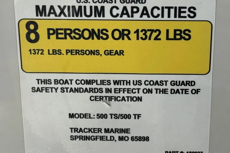Slide: The Image of Boat capacity label for Tahoe 500 TS, 2016 model, 8 persons or 1372 lbs. - 26