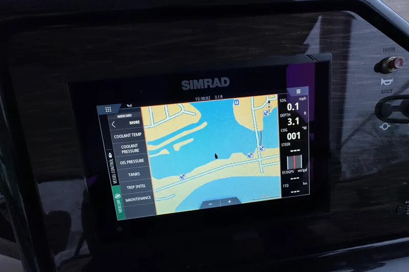 Slide: The Image of Simrad navigation display on 2018 Sea Ray Sundancer 350 Coupe showing map and vessel data. - 29