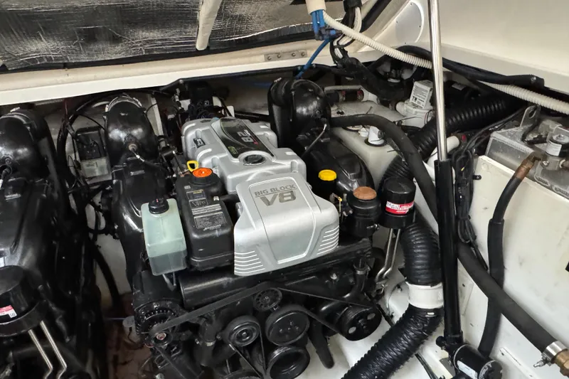 Slide: The Image of Engine compartment of 2018 Sea Ray Sundancer 350 Coupe with Big Block V8 engine. - 59