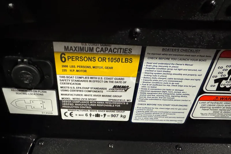 Slide: The Image of 2026 Nitro ZV19 Sport capacity label, 6 persons or 1050 lbs, 225 HP motor. - 11