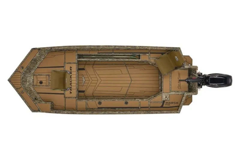 Slide: The Image of 2026 Tracker Grizzly 1756 T Marsh boat, top view, camo design, outboard motor. - 17