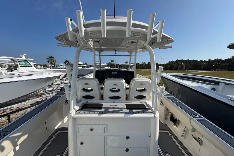 Slide: The Image of 2022 Cobia 350 Center Console boat with spacious seating and modern design. - 36