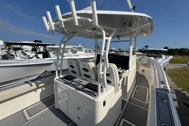 Slide: The Image of 2022 Cobia 350 Center Console boat with sleek design and spacious deck. - 37