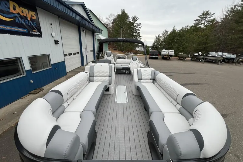 Slide: The Image of 2026 Avalon Catalina Versatile Rear Bench pontoon boat with spacious seating and modern design. - 9