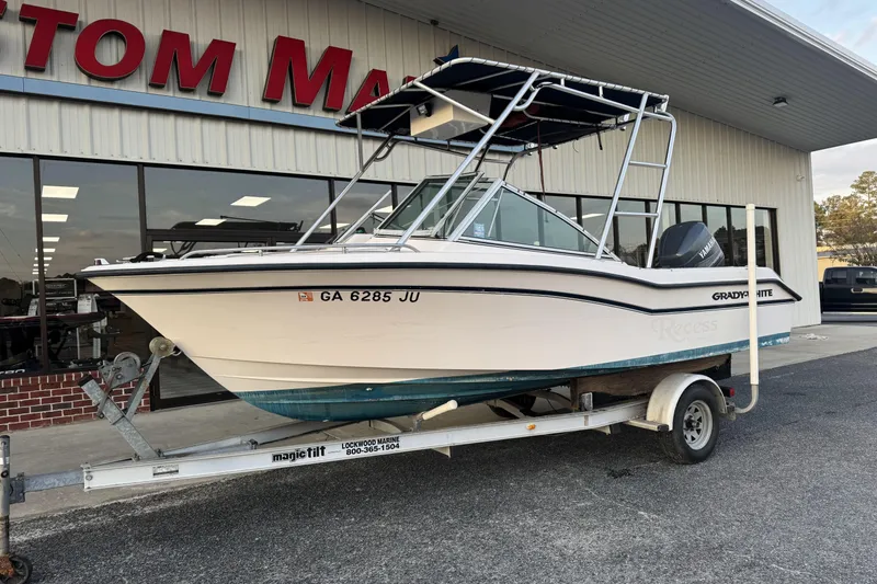 Slide: The Image of 2001 Grady-White Freedom 192 boat on trailer outside dealership. - 5