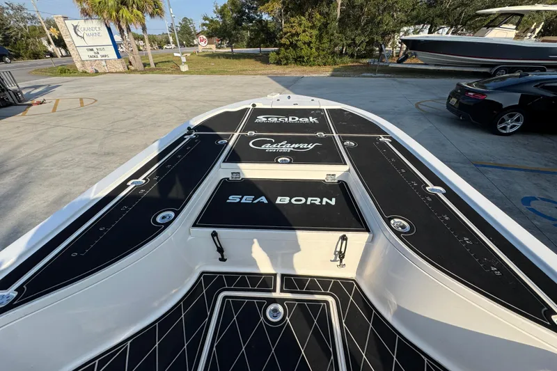 Slide: The Image of 2021 Sea Born FX24 Bay boat with custom deck, parked outdoors. - 18