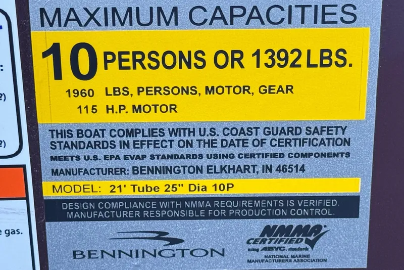 Slide: The Image of 2023 Bennington 22 XSR capacity label: 10 persons or 1392 lbs, 115 HP motor. - 27