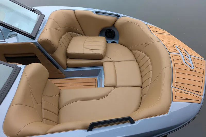 Slide: The Image of Luxurious interior of 2026 MB B52-23 Classic LIMITED boat with tan leather seating. - 26