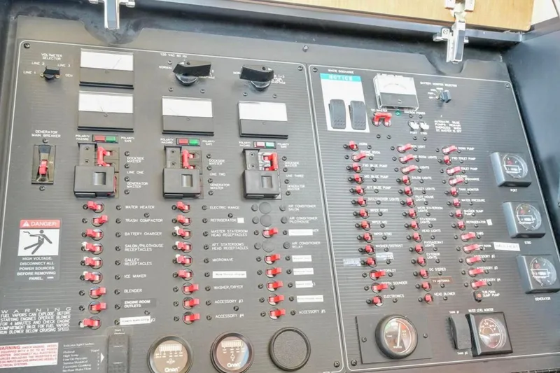 Slide: The Image of Engine room of 2004 Meridian 490 Pilothouse with visible machinery and wiring. - 60