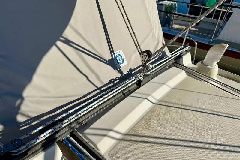 Slide: The Image of Sailboat deck of 1988 Catalina 36, featuring rigging and hardware details. - 20