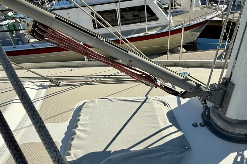 Slide: The Image of Deck of 1988 Catalina 36 sailboat with rigging and boom details. - 21