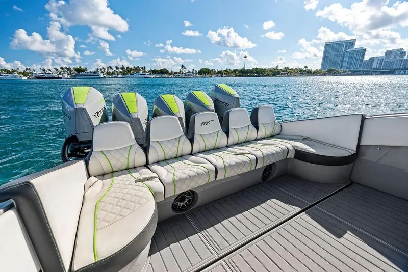 Slide: The Image of Luxurious 2022 Midnight Express 43' Solstice boat interior with stylish seating and powerful engines. - 30