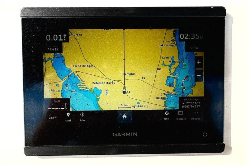 Slide: The Image of Garmin GPS display on 2023 Key West 219 FS boat, showing nautical map and coordinates. - 19