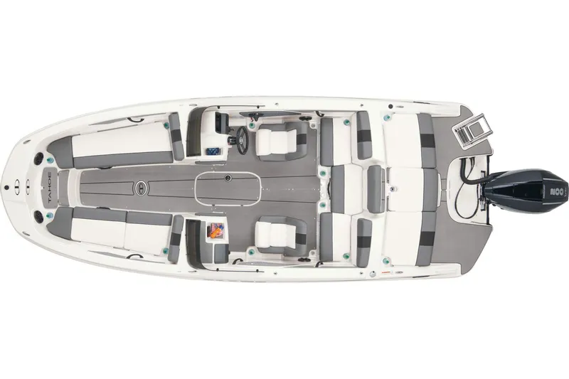 Slide: The Image of 2026 Tahoe T21 boat on trailer with Mercury Pro XS engine, parked outdoors. - 9