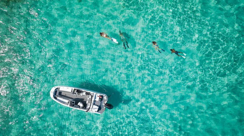 Slide: The Image of 2026 Tahoe T21 boat on trailer, parked with palm trees in the background. - 96