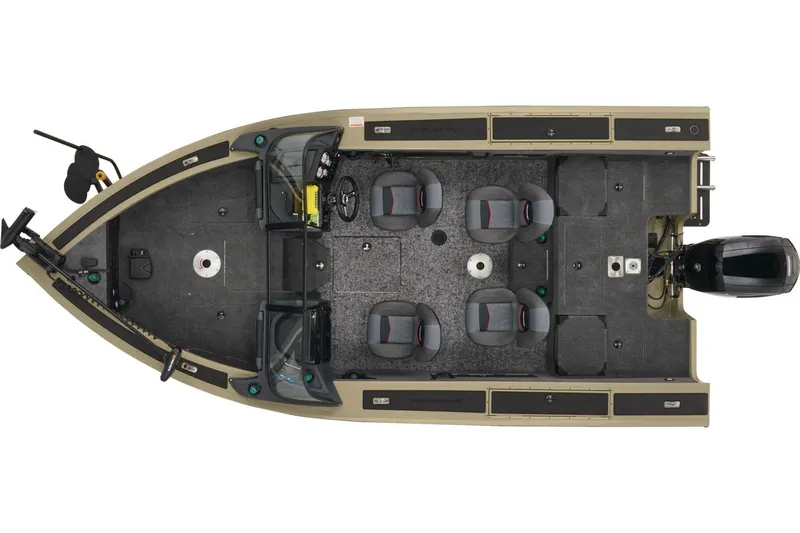 Slide: The Image of 2026 Tracker Targa V-18 Combo boat interior with four gray seats and red accents. - 4