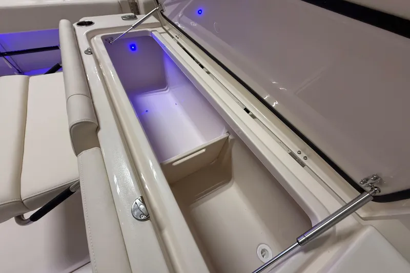 Slide: The Image of 2026 Grady-White Canyon 306 boat storage compartment with blue LED lighting. - 22