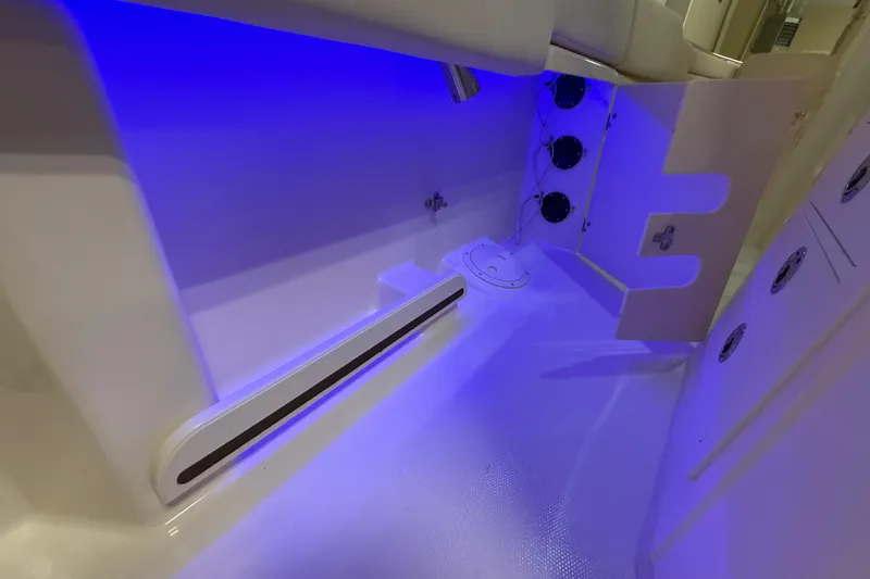 Slide: The Image of Interior of 2026 Grady-White Canyon 306 boat with blue LED lighting. - 23