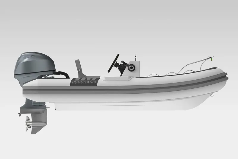 Slide: The Image of 2025 Novurania DL 335 inflatable boat with Yamaha 25 HP engine, displayed indoors. - 5