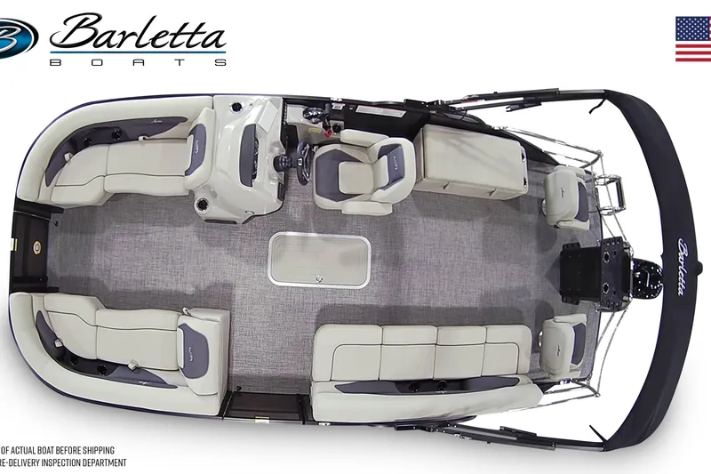 Slide: The Image of 2024 Barletta Aria A22CC pontoon boat with spacious seating and Mercury outboard motor. - 2