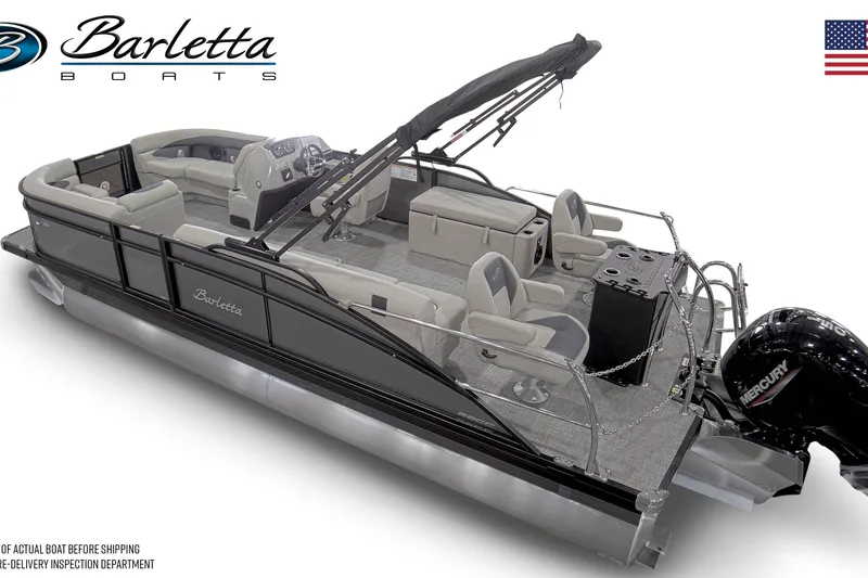 Slide: The Image of 2024 Barletta Aria A22CC pontoon boat with spacious seating and Mercury outboard motor. - 13