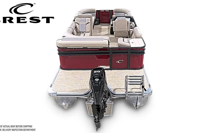 Slide: The Image of 2026 Crest Conquest 230 L pontoon boat with plush seating and powerful outboard motor. - 2