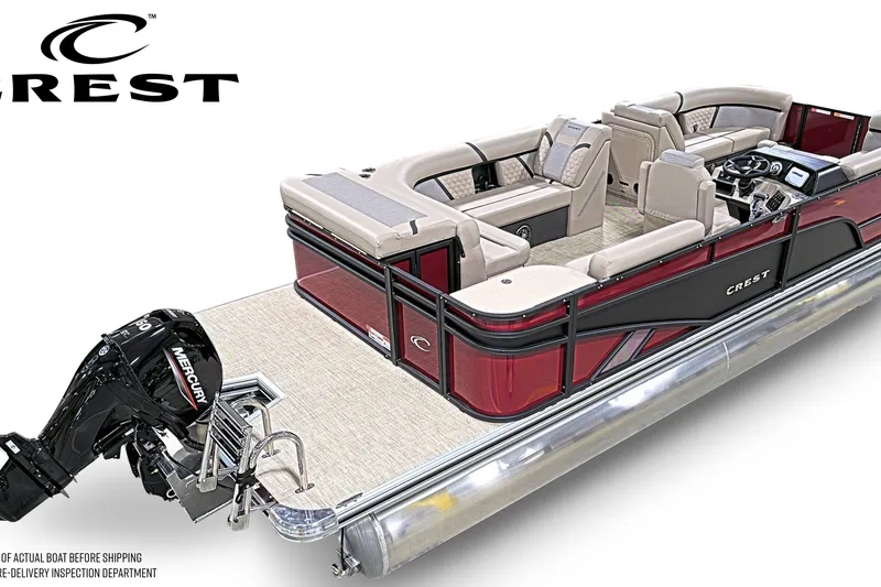 Slide: The Image of 2026 Crest Conquest 230 L pontoon boat with luxurious seating and Mercury outboard motor. - 3