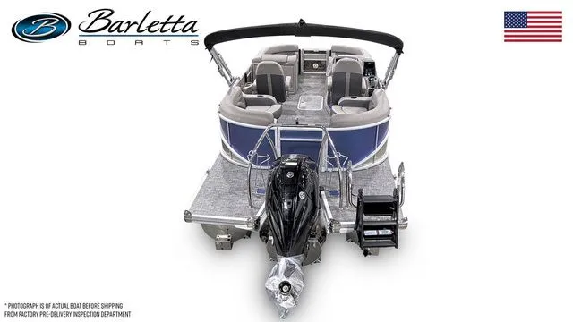 Slide: The Image of 2024 Barletta Corsa 21QC pontoon boat, rear view, featuring sleek design and powerful engine. - 6