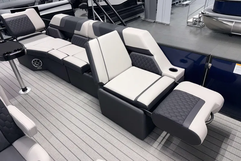 Slide: The Image of Luxurious seating on 2026 Sylvan L3 SLZ pontoon boat with modern design and comfort features. - 17