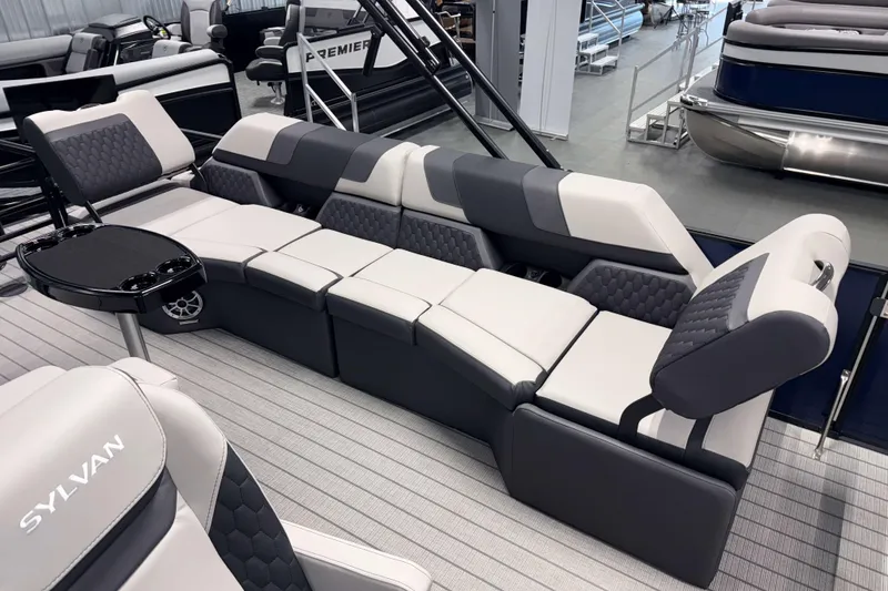 Slide: The Image of Luxurious seating on 2026 Sylvan L3 SLZ pontoon boat with modern design and comfort. - 18