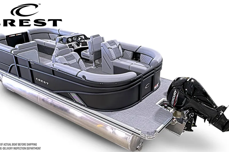 Slide: The Image of 2026 Crest Conquest 215 SLC pontoon boat with luxurious seating and Mercury outboard motor. - 14