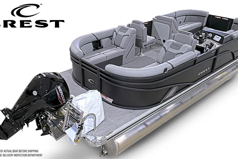 Slide: The Image of 2026 Crest Conquest 215 SLC pontoon boat with luxurious seating and Mercury outboard motor. - 16