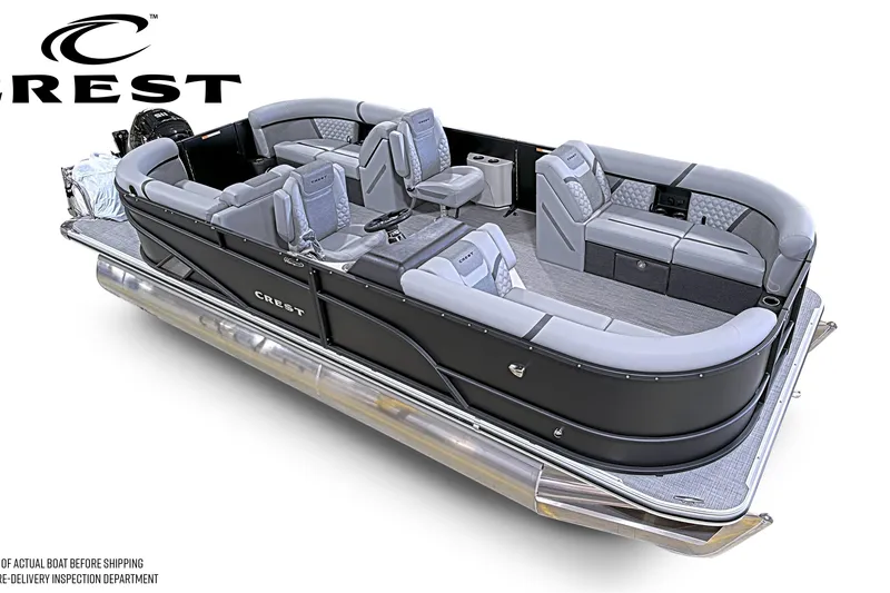 Slide: The Image of 2026 Crest Conquest 215 SLC pontoon boat with luxurious seating and sleek design. - 17