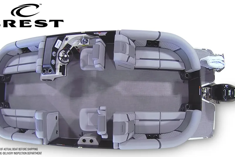 Slide: The Image of 2026 Crest Conquest 215 SLC pontoon boat interior, top view, spacious seating layout. - 19