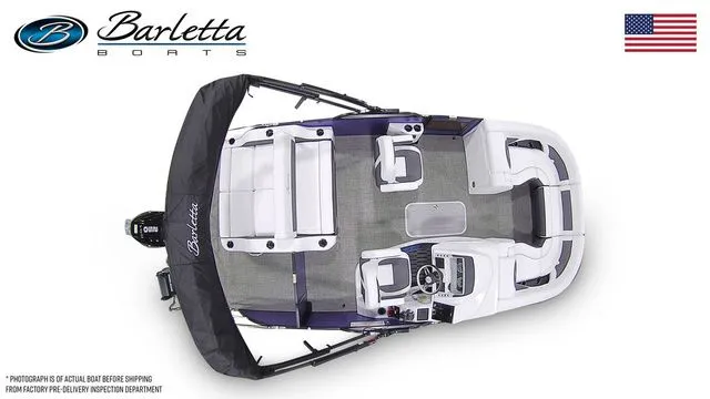 Slide: The Image of 2024 Barletta Corsa 21UC pontoon boat, top view, showcasing spacious seating and modern design. - 7
