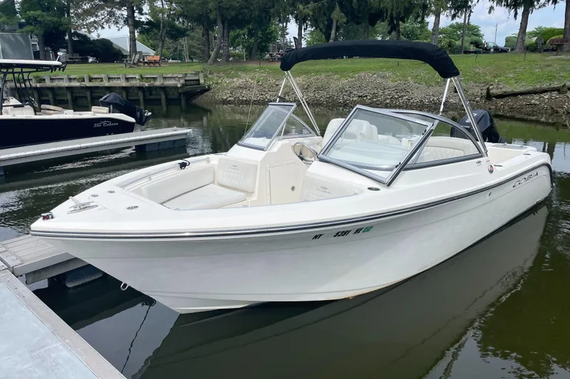 The Image of 2021 Cobia 220 Dual Console boat docked in a serene marina setting. - 0
