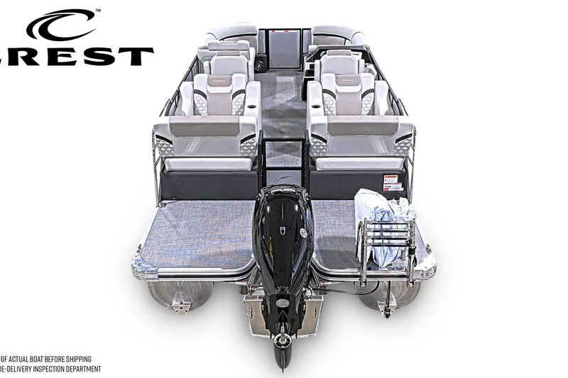 Slide: The Image of 2026 Crest Conquest 230 SLRC pontoon boat, rear view, showcasing spacious seating and modern design. - 2