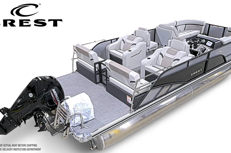 Slide: The Image of 2026 Crest Conquest 230 SLRC pontoon boat with luxurious seating and Mercury outboard motor. - 3