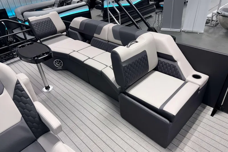 Slide: The Image of Luxurious seating on 2026 Sylvan L3 SLZ Platinum pontoon boat with modern design and amenities. - 19