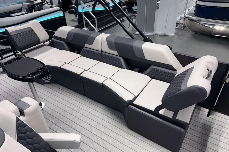 Slide: The Image of Luxurious seating on 2026 Sylvan L3 SLZ Platinum pontoon boat, featuring modern design and comfort. - 21