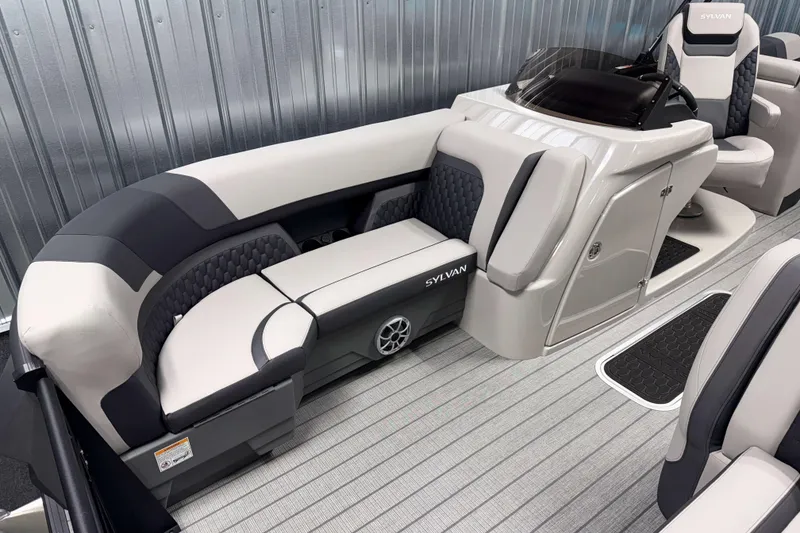 Slide: The Image of 2026 Sylvan L3 SLZ Platinum boat interior with luxurious seating and modern design. - 3