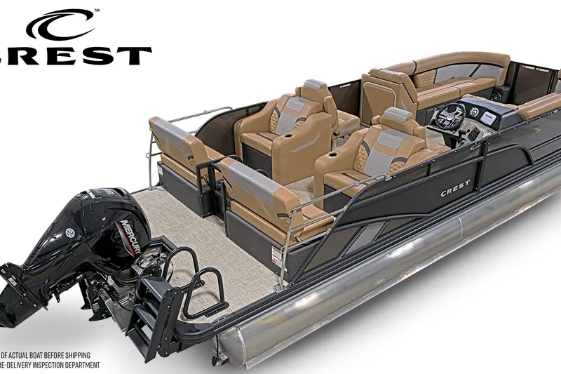 Slide: The Image of 2026 Crest Conquest 235 SLRC pontoon boat with luxurious seating and Mercury outboard motor. - 3