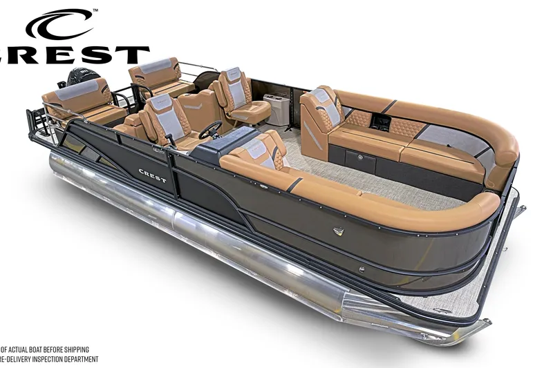 Slide: The Image of 2026 Crest Conquest 235 SLRC pontoon boat with luxurious tan seating and sleek design. - 4